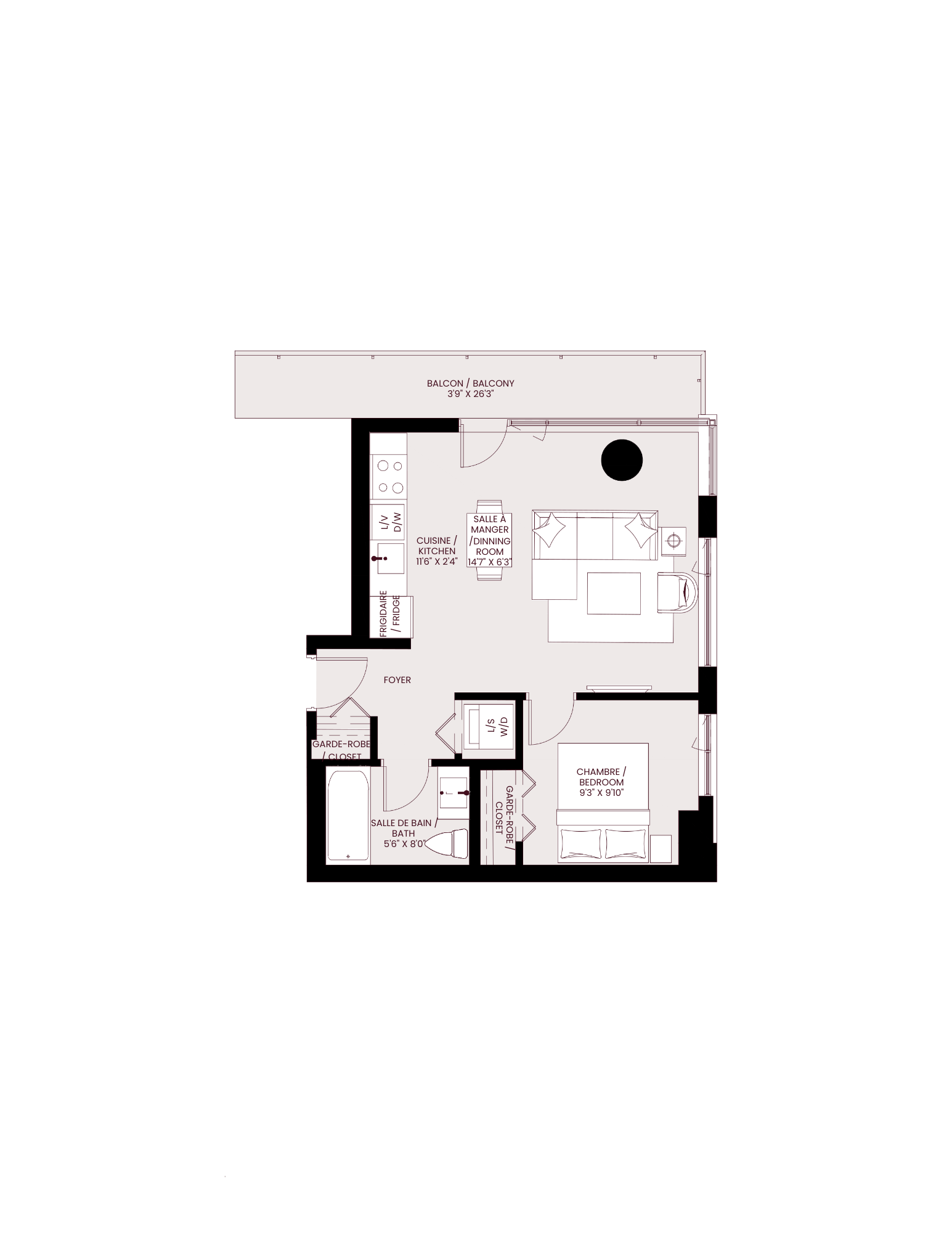 Floor plan for 1 bed, 1 bath, 555 sqft